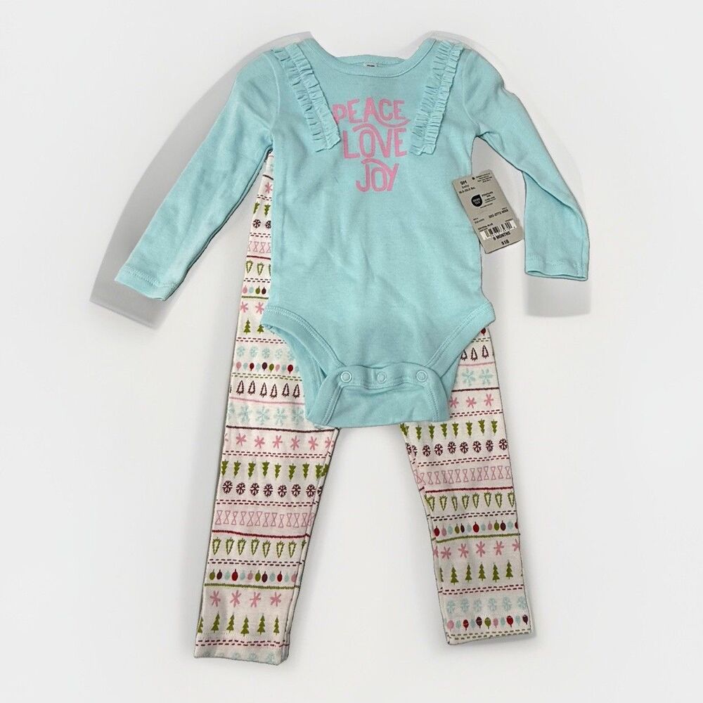 Okie Dokie Baby Girl Holiday Outfit Set 9M Crystal Blue Peace Love Joy 2pc NWT